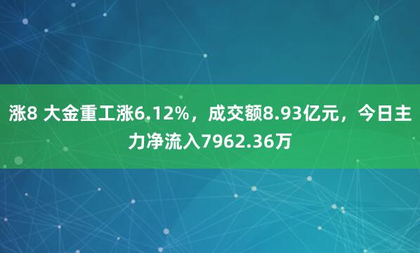 涨8 大金重工涨6.12%，成交额8.93亿元，今日主力净流入7962.36万